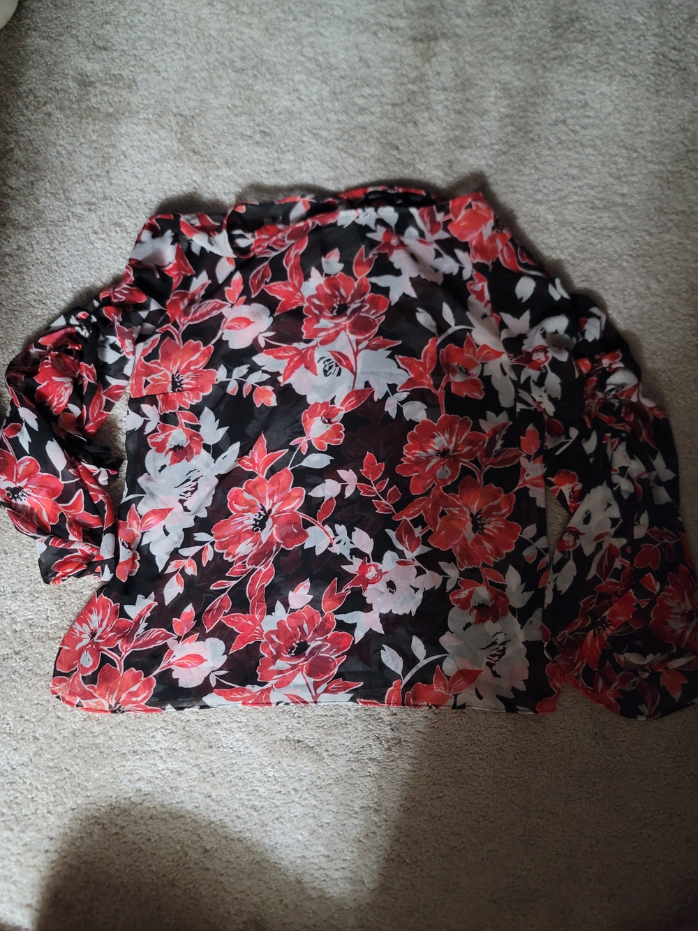 White House Black Market Black Blouse with Red Floral Print